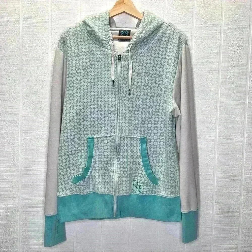 Rustic Cuff Womens Blue and White Logo Zip Up Jacket Size XL